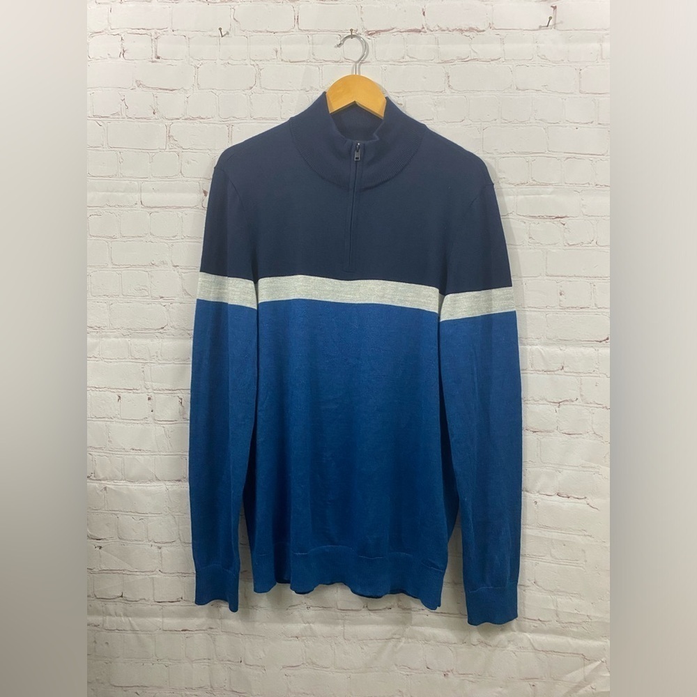 Express Sweater Mens Large Gray Blue Color Block Mock Neck Merino Wool Blend
